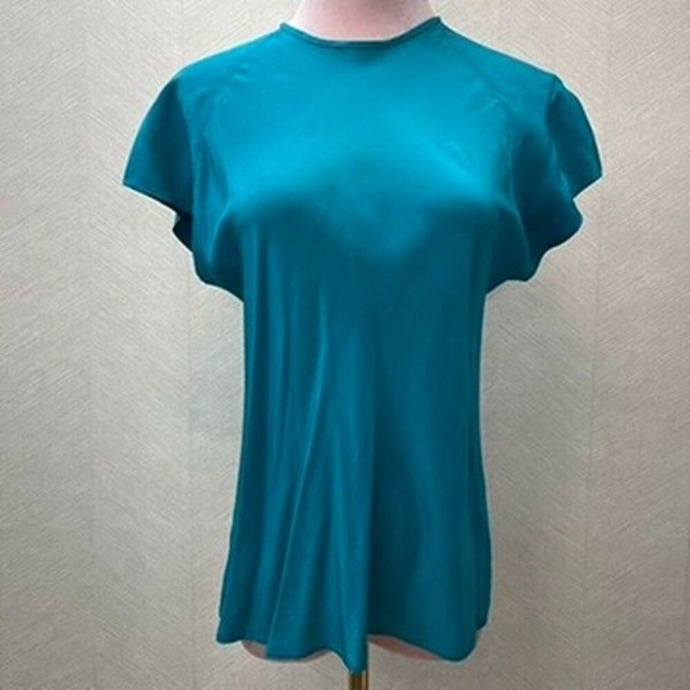 Silk Studio Petite By Claude Bennett Flutter Sleeve Teal Silk Top Womens Size XS